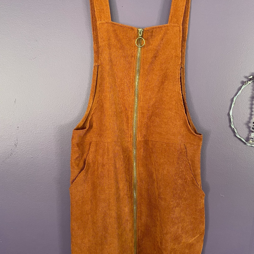 Corduroy Zipper Mini Overall Dress. Rust Brown Size Small